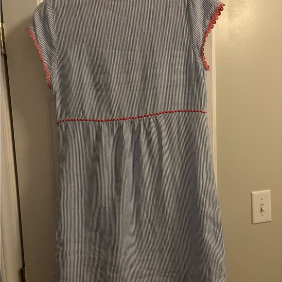 Boden Blue & White Striped Embroidered V-Neck Midi Dress with Pink Trim - Picture 2 of 4